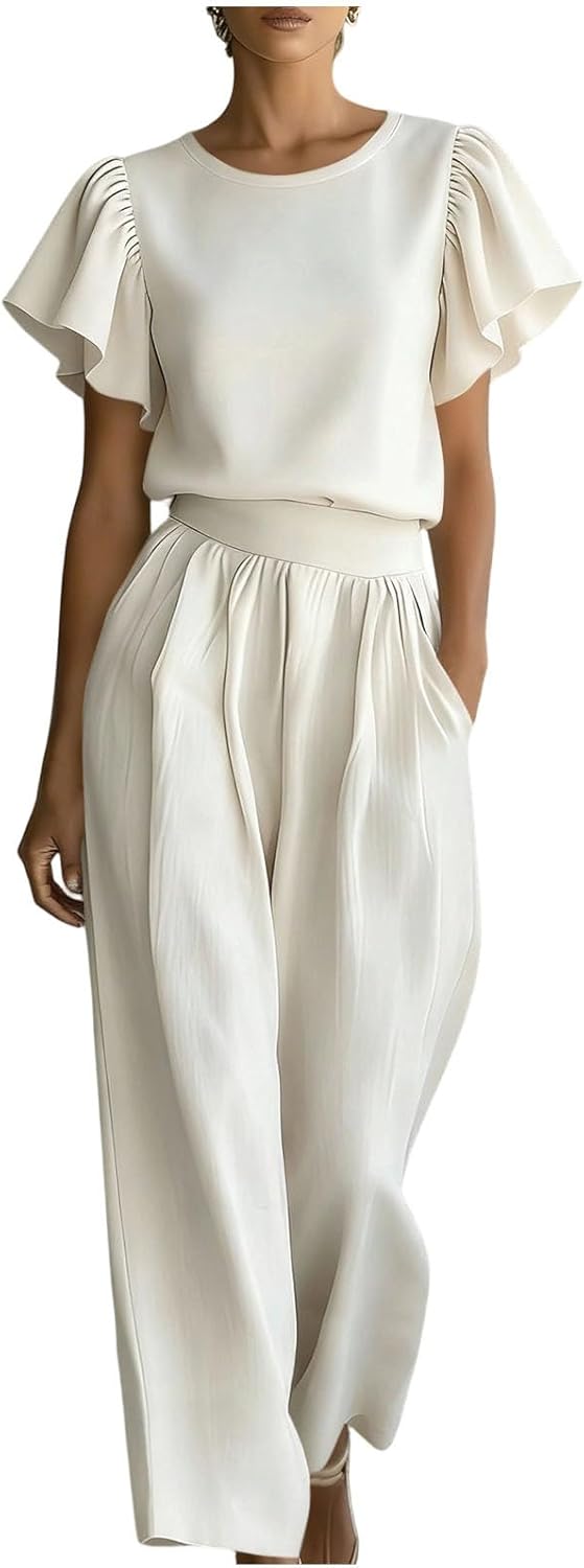 Xiaojmake Womens Wide Leg Pants Sets Summer 2 Piece Outfits Ruffle Sleeve Crew Neck Lounge Set Dressy Airplane Travel Clothes