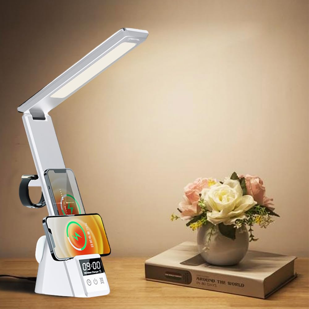 IHAO 6in1 Multifunctional Foldable LED Desk Lamp with Wireless Charger Digital Alarm Clock Eye-Care Lighting 3 Color Modes 15W Qi Charger for Phone/Headphones Compatible with iWatch Charger-N61 White