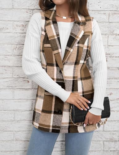 Mywinway Plaid Vest for Women 2025 Fall Winter Sleeveless Lapel Neck Long Blazer Jackets Cardigan Outerwear2