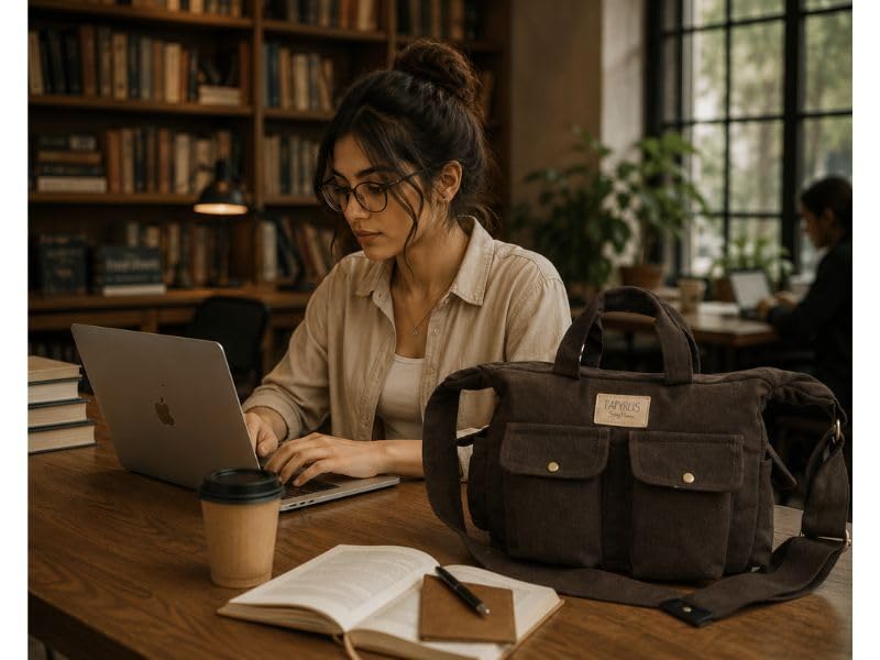 Image of ROUGH Canvas Cotton messenger bag.15'' Lap top. Large size 36x27x11 cm(12Ltr) Metal zipper closure. Allround pockets. Vintage look. Antique fittings.Sustainable