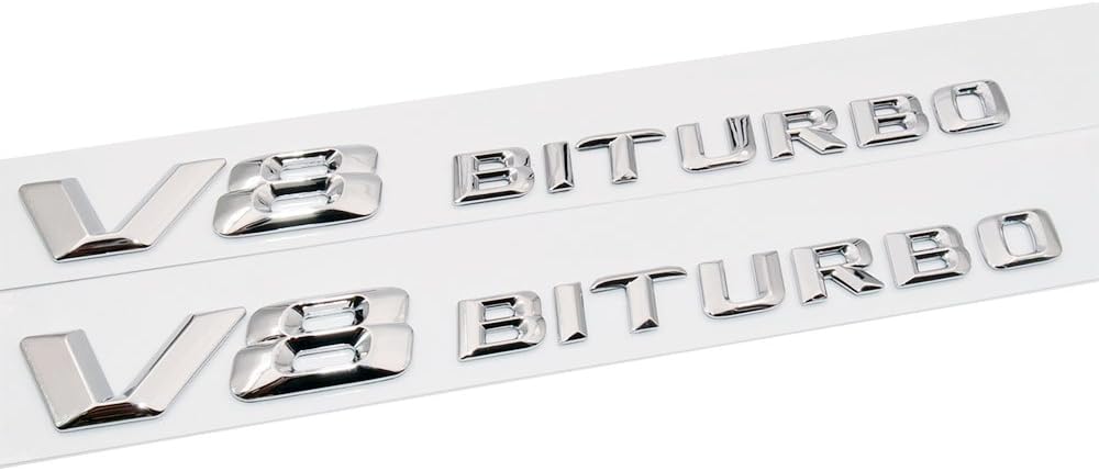 US85 For Mercedes-Benz V8 BITURBO Side Fender Left & Right Adhesive Nameplate Logo Emblem AMG Decoration Modified 2pcs (Chrome)