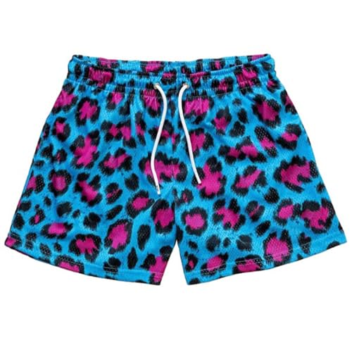 Pantalones Cortos Casuales Hombre Tejido Malla Estampado Leopardo Deportivos Fitness Playa Natación Verano Comodidad (Blue, L) #64