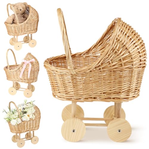 Wicker Baby Carriage for Baby Shower Vintage Wicker Stroller Woven Rattan Flower Basket Rustic Decorative Cart Storage with Handle for Floral Arrangement Wedding Photo Props(Wood Color 20 in)