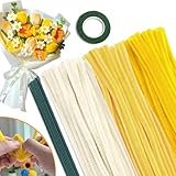 手芸モール フラワーモール カラーミックス 工作 モール 300本 6ｍｍ 花束 モールフラワー キット 人工花茎10本とフラワーテープ 緑1巻と DIY 飾り物 造形材料 学校 手作り素材 手芸 用品 記念日 誕生日 母の日 バレンタインデー 贈り物 (黄色のセット)