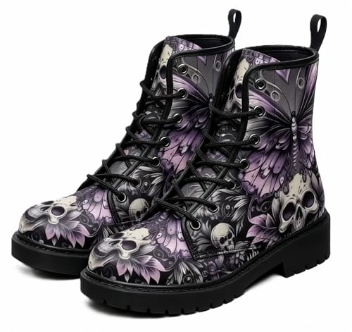 FQLGJMY Bottines Pour Femmes Gothique Motif Tête de Mort Fleurs Roses et Flammes Lacets Cuir Céger Plateforme Bout Rond, parfaites Jeans Robes Mode...