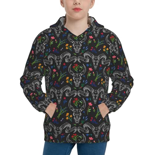 Skull with Horns the Flowers Kid Hoodies Boys Sweatshirts Girls Pullover with Pocket