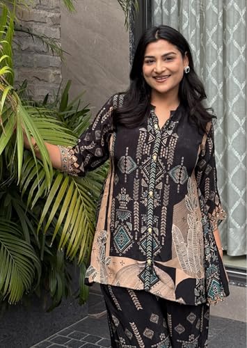 Image of Asmeriyo Women Printed Co Ord Set with Side Pocket | Women 2 Pic Kurta Set I Fancy Kurta Set | Stylish Kurti Outfit | Co-Ordination Wear | Festive and Casual wear (217-A-B-2)