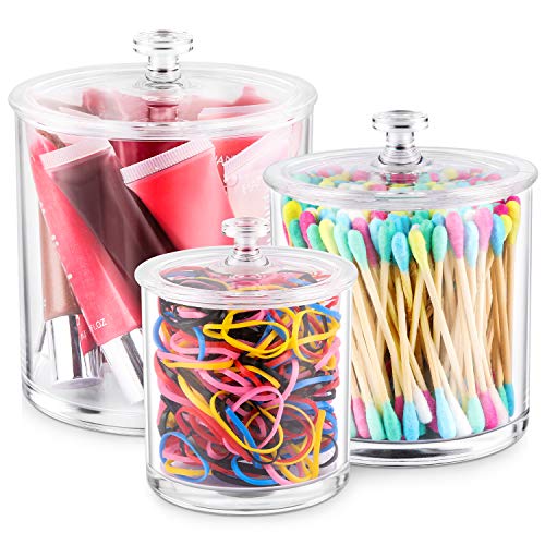 KDKD Acrylic Qtip Holder Apothecary Jars Bathroom Vanity Organizer Canister, 6, 12, 20 Oz Clear Plastic Dispenser for Cotton Swabs, Cotton Balls, Cosmetic Pads, Bath Salts. Nested Set of 3.