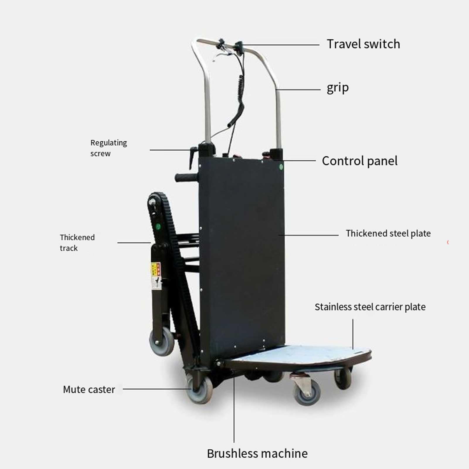 Carrello montascale elettrico, motore da 500 W, capacità di carico 250 kg, carrello per carichi pesanti, per il trasporto di oggetti pesanti, batteria rimovibile da 48 V