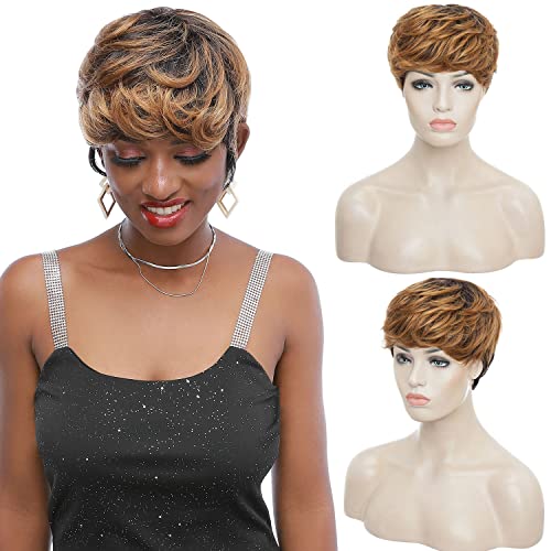 S-noilite Short Human Hair Pixie Cut Wigs 1B/30 Black to Light Auburn Layered Wavy Hair 100% Human Hair Wig with Bangs for Black Women