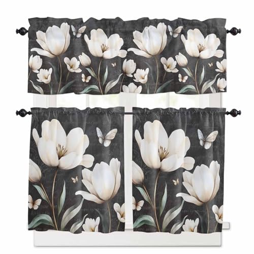 Farmhouse Floral Kitchen Curtains 24 Inch Length, 3 Piece Rod Pocket Small Half Tiers and Valance Set, Magnolia Flowers Vintage Blackboard Small Large Window Treatment Decor for Bedroom/Bathroom Sink
