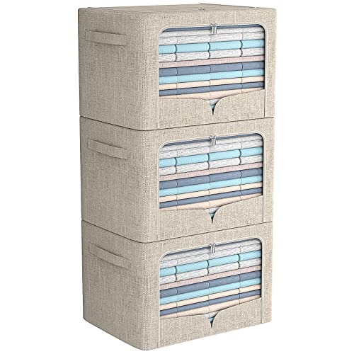 3 Pack Clothes Storage Bins Foldable Metal Frame Storage Box Stackable Linen Fabric Organizer Set with Carrying Handles and Clear Window (Beige, 15.7×11.8×7.8inch(22L))