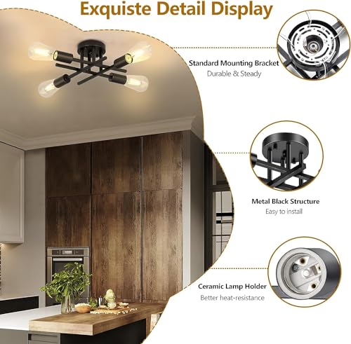 Licperron Vintage Semi Flush Mount 4 Light Ceiling Light with E27 Base Modern Black Chandelier for Farmhouse Kitchen Bedroom - Image 5