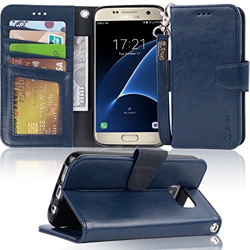 Arae Case Compatible for Samsung Galaxy s7, [Wrist Strap] Flip Folio [Kickstand Feature] PU Leather Wallet case with ID&Credit Card Pockets (Blue)
