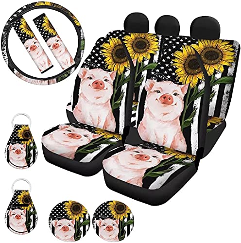 Youngerbaby American Flag Pig Sunflower Car Seat Covers Full Set Automotive Interior Accessories Steering Wheel Covers Cup Coasters Women Keychain Seatbelt Pads Rear Split Bench Cover Protector