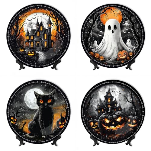 OrnamentallyYou Haunted Night Set of 4 Plates, Black Halloween Tableware Collection for Salad, Dessert, Appetizer, and Side Plates