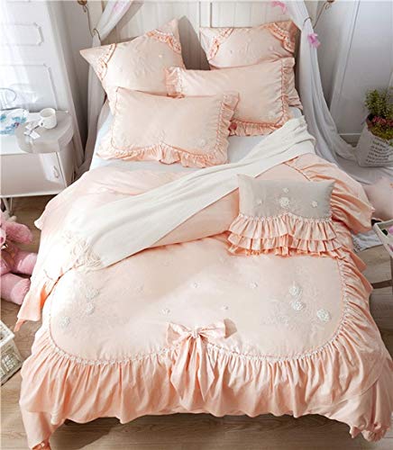 RONGXIE 4Pcs Egypt Cotton Cute Bowknot Princess Bedding Set Embroidery Ruffles Duvet cover set Bed Sheet Pillowcases Queen King