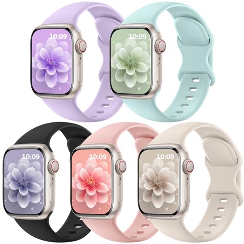 5 Pack Sport Silicone Band Compatible with Apple Watch Bands 40mm 38mm 41mm 44mm 45mm 42mm 49mm,Soft Wristband Waterproof Replacement Strap for iWatch Bands Series 9 8 7 6 5 4 3 2 1 SE Ultra Women Men
