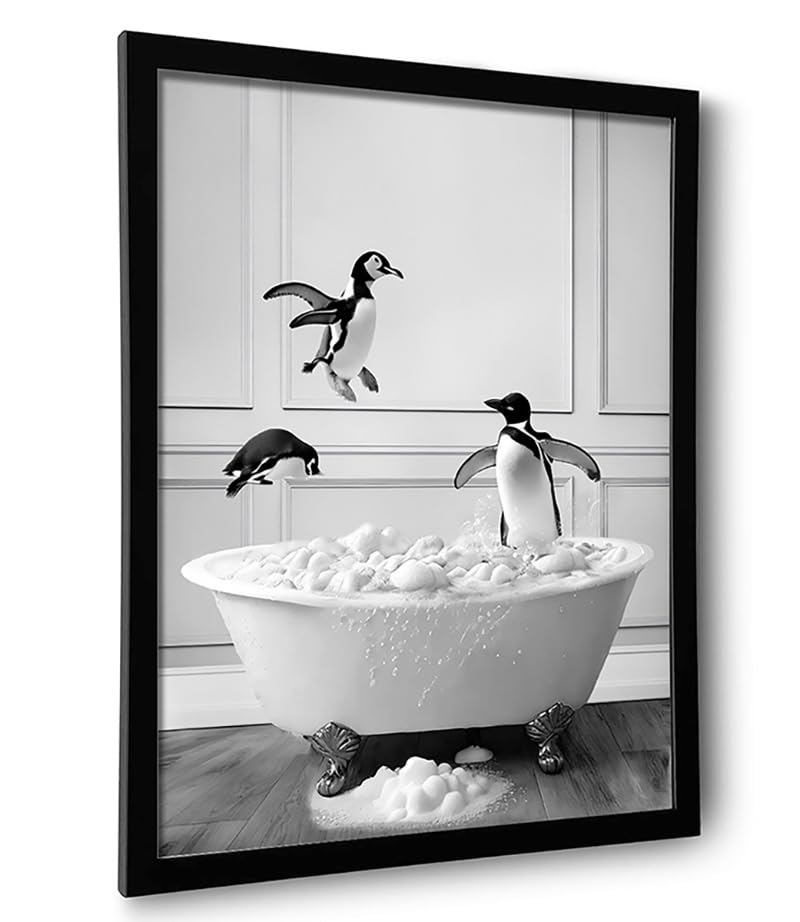 Ardakar Framed Bathroom Decor Wall Art, Black and White Bathroom Decor, Funny Wall Decoration Animal Penguin in Bathtub Posters, Cute Animal Wall Art