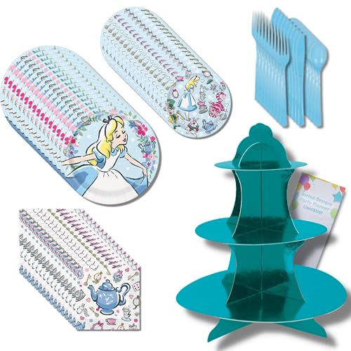 Alice in Wonderland Plates Appetizer Dinner Napkins Disposable Forks Spoons Knives Cupcake Stand for 24 Cupcakes Onederland