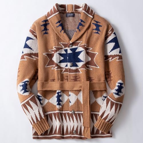 Men's Jacquard Sweater Cardigans Lapel Button Down Knitted Sweater Western Ethnic Sweater with Belt2