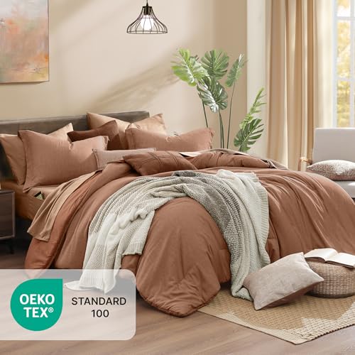 Monbix Oversized Queen Comforter Set - 7 Pieces Cationic Dyeing Autumn Leaf Bed in a Bag Bedding Sets with Comforter, Sheets, Pillowcases & Shams, Reversible Bedding Comforters Sets