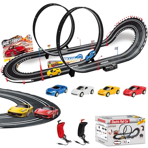 Bonikita Slot Car Race Track Sets Electric Race Car Track with 4 High Speed Slot Cars 2 Electric Controller Circular Overpass Track Gift Toys for Boys and Girls Age 6-12