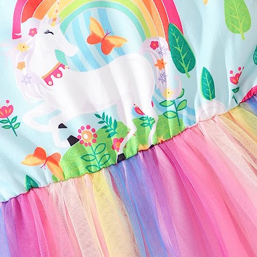 Fashion Princess Girls Short Sleeve Glitter Unicorn MLP Rainbow Tulle Skirt Birthday Party Dress4