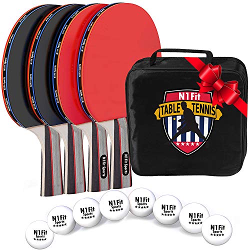 N1Fit Ping Pong Paddle Set - Includes 4 Player Rackets, 8 Professional Table