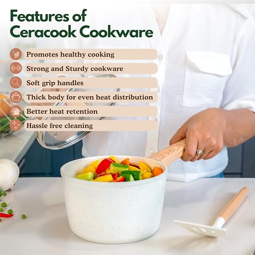 Image of Kreme Ceracook Ceramic Coated Granite Sauce Pan 1.8L /24cm with Glass Lid, ISI Certified Sauce Pot, Forged Aluminium, Gas & Induction Use, Non Toxic Tea, Chai PFAS & PTFE Free, 1 Yr Warranty, Ivory