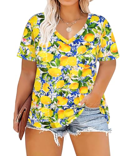 Image of TIYOMI Plus Size Tops for Women V Neck Tshirts Basic Tunic Casual Hawaii Floral Tie Dye Camo Summer Short Sleeve Tee XL-5XL