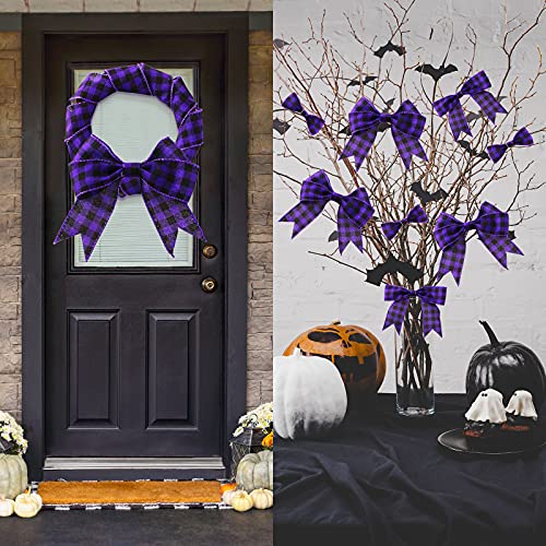 3 Rolls 15 Yards 2 Inches Halloween Plaid Wired Ribbons Buffalo Check Ribbon Fall Rustic Craft Ribbon Assorted Burlap Style Fabric Wrapping Ribbon For Decorations (Black, Purple Plaid) #TOP5