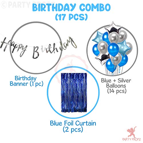 Image of Party Propz 17Pcs Blue And Silver Birthday Decoration Items | Birthday Balloons For Decorations | Happy Birthday Banner(Cardstock)| Foil Curtain for Birthday Decoration