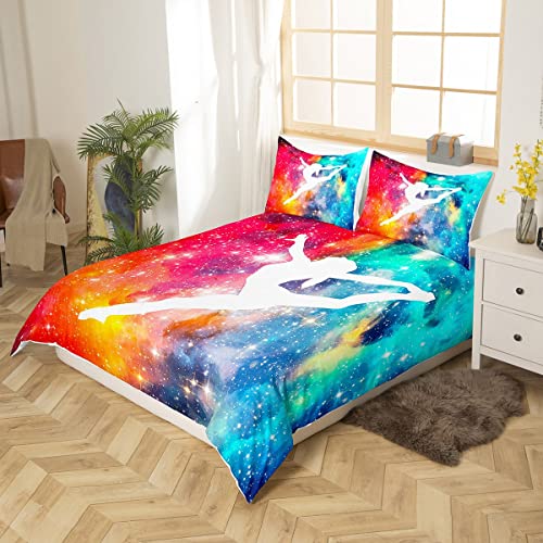 Homewish Gymnastics Lovers Duvet Cover Single Size Gymnast Sports Bedding Set Starry Sky Outer Space Comforter Cover Gymnastics Silhouette Quilt Cover Gymnast Gifts For Girls Teens Women Red Blue - Image 2