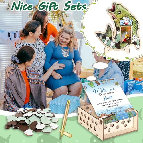 Image of Wenqik 63 Pcs Fishing a Little Fisherman is on the Way Baby Shower Guest Book Alternatives Set Baby Shower Decorations with Photo Frame Sonogram Frame Keepsake 60 Wood Slices Guest Book for Birthday