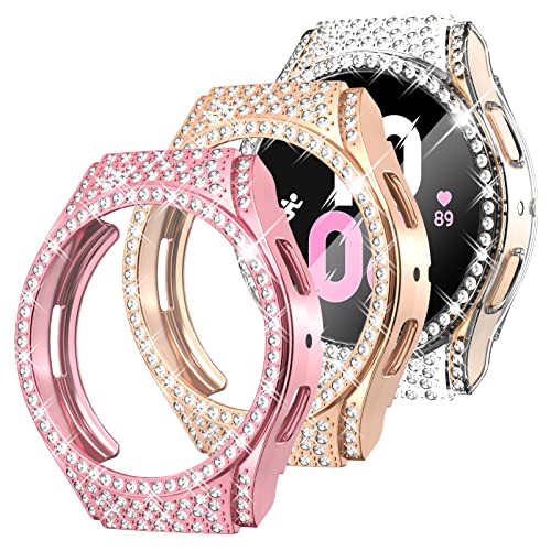 Surace Soft TPU Case for Galaxy Watch 5 & Galaxy Watch 4 40mm Screen Protector Case, Bling Crystal Diamond Protective Bumper for Samsung Galaxy Watch 4 5 40mm (3 Packs, Rose Gold/Pink/Clear)