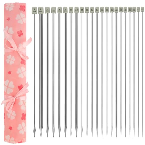 Curtzy Kit de 22 Aiguilles à Tricoter en Aluminium - Longueur 35cm - Aiguilles Droites Longues à Pointe Unique 2-8mm - 11 tailles 2 de Chaque Taille - Pour Débutants et Experts