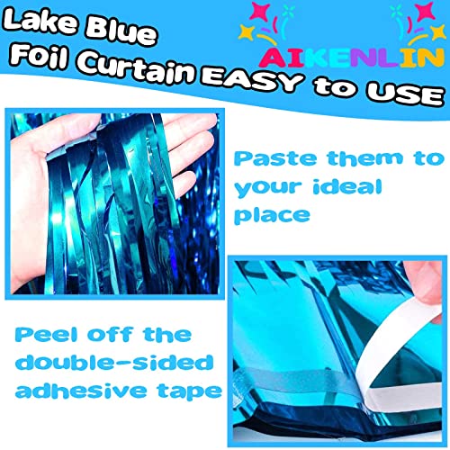 Image of 4 Pack 3.2Ft x 8.2Ft Lake Blue Foil Fringe Curtain Backdrop, Metallic Tinsel Foil Fringe Streamers Curtains Background for Photo Booth, Birthday, Wedding, Halloween, Christmas Party Decoration
