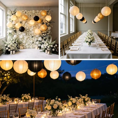 Image of Cream Black Gold Chinese Paper Lanterns with LED, 10-Pack 12inch | Hanging Lights for Engagement Party, Modern Wedding, Anniversary, Birthday Decorations & Art Deco Party