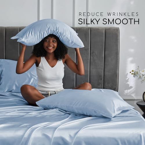 Image of MR&HM Satin Bed Sheets with Elastic Corner Straps, King Size Sheets Set, 4 Pcs Silky Bedding Set with 15 Inches Deep Pocket for Mattress (King, Blue Haze)