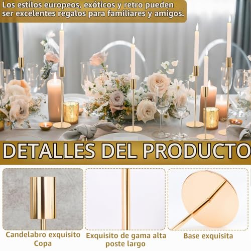 Miniatura 4 de Moyksrr 6 Piezas Candelabro Dorado, Vintage Cónicas Portavelas De Metal Alto, Para Velas Cónicas De 2.2 Cm, Candelabro Para Bodas, Cumpleaños, Casa Hogar Comedor