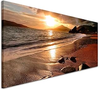 Wallfillers Wide Canvas Prints of a Beach Sunset for your Living Room - Modern Seaside Wall Art - 1131 - 120x50cm