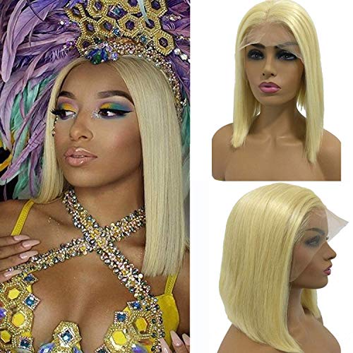 Short Human Hair Bob Wigs Blonde 13X4 Bob Lace Front Wig Human Hair Pre Plucked 180% Density Thick Straight Middle Part #613 Bob Wig with Adjustable Cap 8 Inch