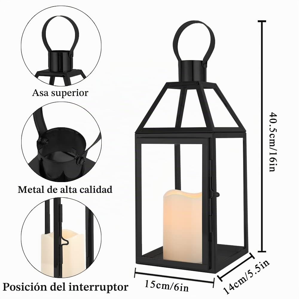 JHY DESIGN Lámparas Decorativas Negras de 40.5 cm de Altura, lámparas de Velas de Acero Inoxidable con Vidrio Templado para Interiores, Exteriores, Eventos, Fiestas y Bodas