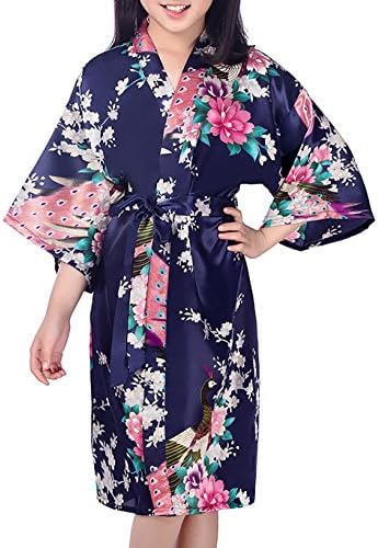 Admireme Girls' Peacock Satin Kimono Robe Bathrobe Nightgown for Spa Party Wedding Birthday