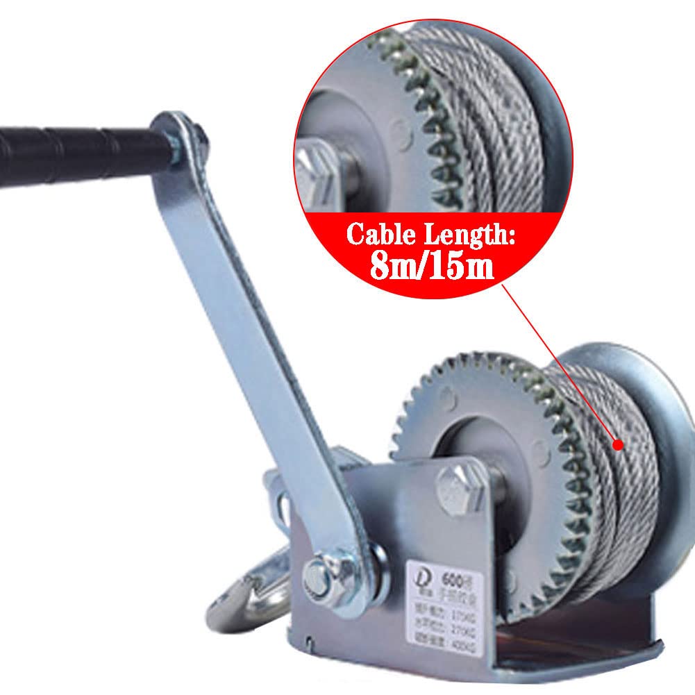 Handwinde mit Bremse, 544.3 kg Handkurbelgetriebe mit Haken und Griff für Boote ATV Anhänger, Professionelle Edelstahl Manuelle Seilwinde