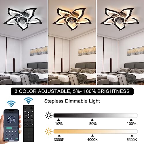 ZHMDJDSH 26" Geometric Ceiling Fan with Lights Remote Control, 6 Speeds 3 Colors, Black Low Profile Flush Mount Ceiling Fan for Kitchen Bedroom Living Room