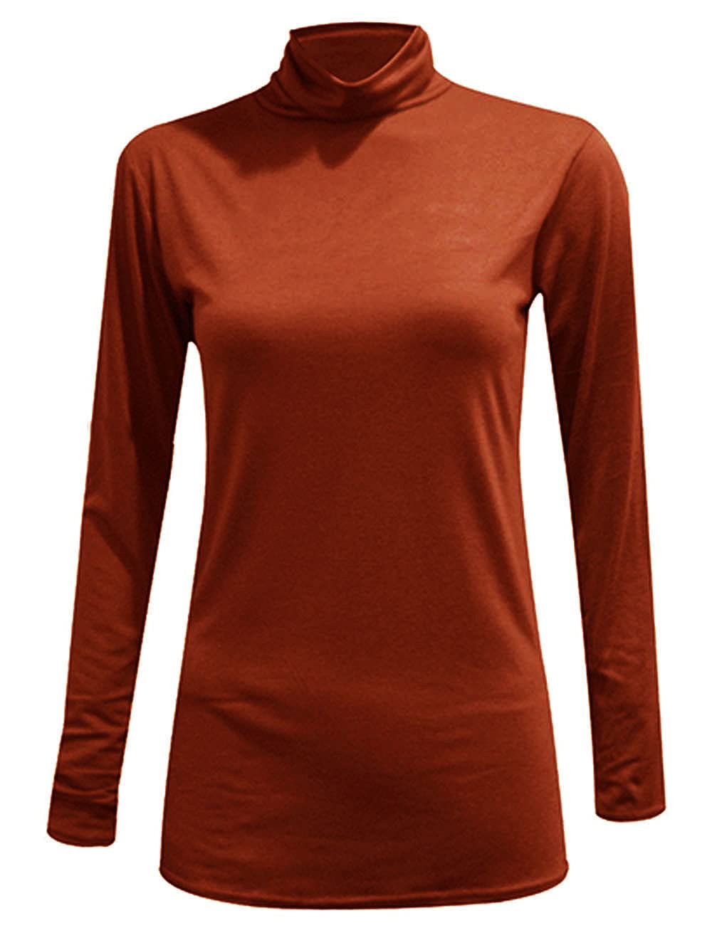 Ladies Women Basic Long Sleeve Plain Polo Turtle Neck Ladies Stretch Plus Size Top T Shirt (Rust, 3XL)