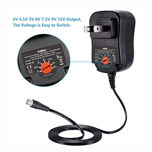 Belker 12W Universal 3V 4.5V 5V 6V 7.5V 9V 12V Ac Dc Adapter Power Supply For Household Electronics Router Speaker Smart Phone Tablet Cctv Ip Camera - 1A 1000Ma Amp Max. #TOP2