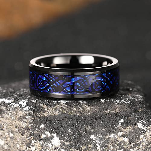 THREE KEYS JEWELRY Mens 8mm Dragon Blue Carbon Fiber Black Celtic Tungsten Carbide Ring Wedding Band Comfort Fit size 8.5 - Thumbnail 2